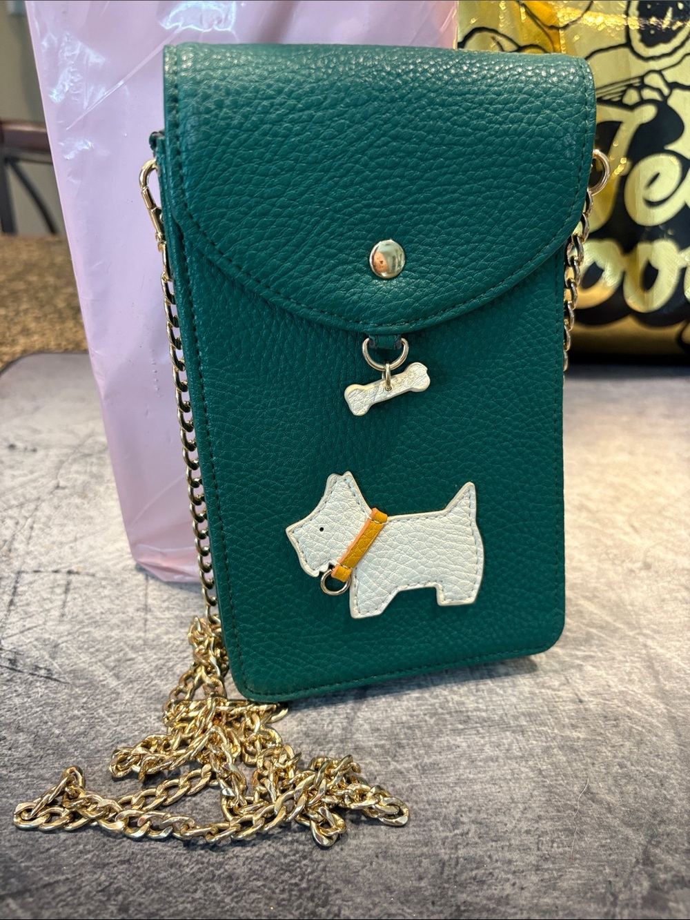 Vintage Green leather Crossbody Phone Bag with White Dog Appliqué Scottie dog
